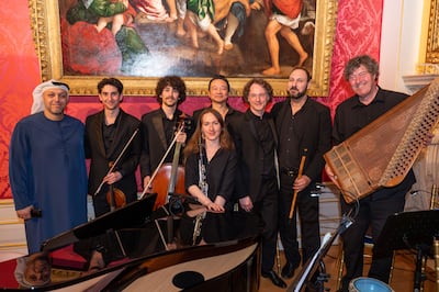 Emirati composer Ihab Darwish, left, with the ensemble who performed his piece Ruins of Time. From right of Darwish: violinist Leyth Elmani, cellist James Dew, clarinettist David Frescas, pianist Kelvin Maslinki, artistic director Toby Purser, Louai Al Henawi on ney, and Jon Banks on qanun. Photo: Abu Dhabi Festival