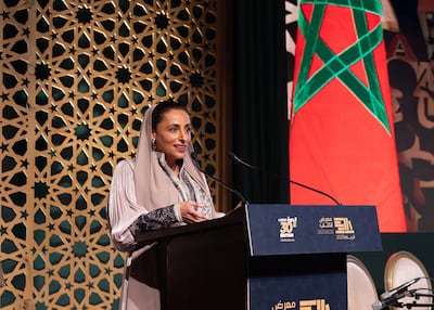 Sheikha Bodour Al Qasimi, chairwoman of the Sharjah Book Authority, speaking at the launch of the Rabat International Book Fair. Photo: Sharjah Book Authority