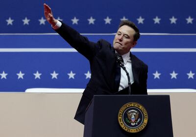 Elon Musk gestures from the podium inside the Capital One Arena on Donald Trump's inauguration day, January 20. Reuters