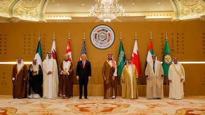 Sheikh Khaled bin Mohamed, Crown Prince of Abu Dhabi, Saudi Crown Prince Mohammed bin Salman and Sheikh Tamim, Emir of Qatar, are among GCC leadership at a meeting with Mr Trump. Reuters